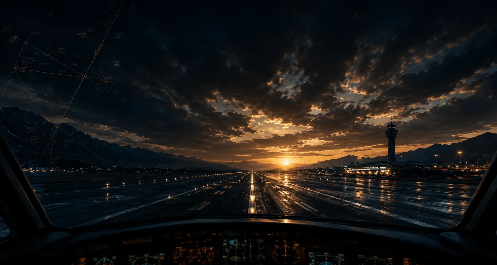 FlyPath pilot career planning platform homepage hero showing an airport runway at night