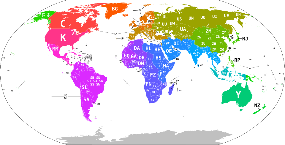 World map showing ICAO airport code prefixes by region