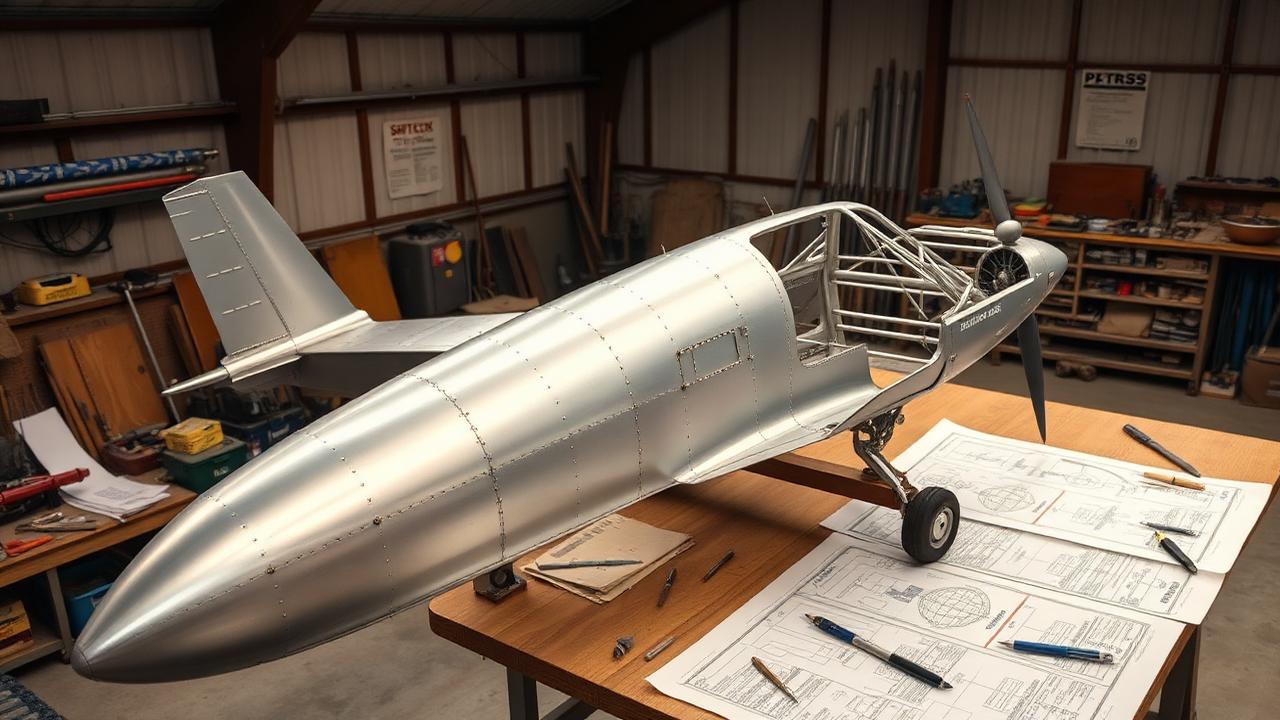 Homebuilt experimental aircraft under construction in a hangar workshop with blueprints